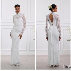 V Chapman Jules Turtleneck Lace Maxi Dress White Bride Wedding Sz 10 Read Desc.